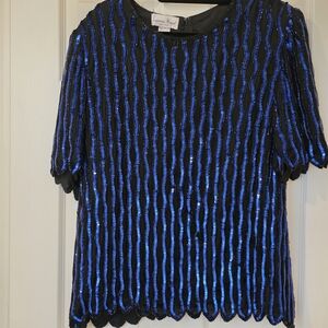Laurence Kazar Black and Blue Sequin Blouse